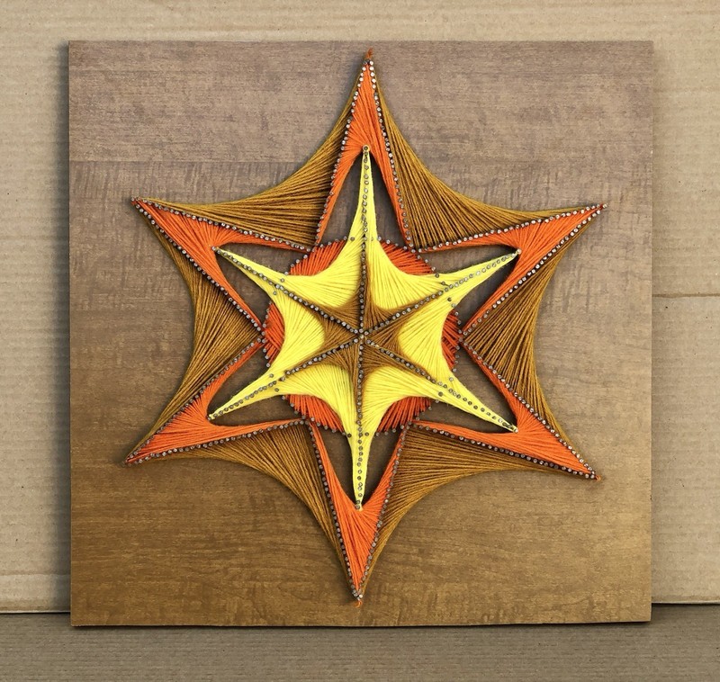 Vtg MCM 1970s Orange, Brown String Yarn Art Abstract Starburst Large 19.5″x19.5″