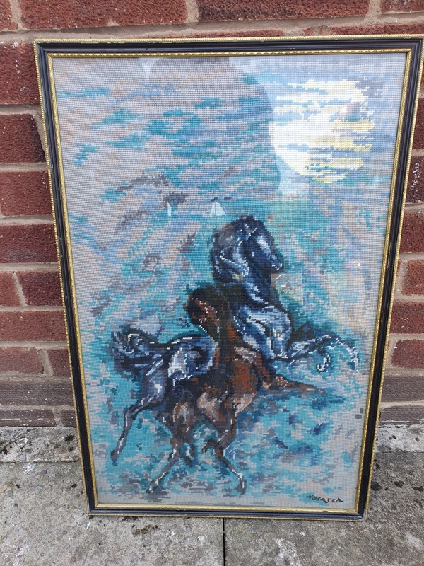 Beautiful Signed Tapestry Of A Mother And Her Foal In Blue And Grey 78cm X 50cm gallery