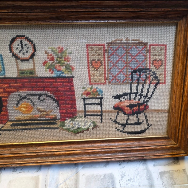 Needlepoint Vintage Grandma's House Fireplace, Cat, Custom Framed 10"x22" 1964 gallery