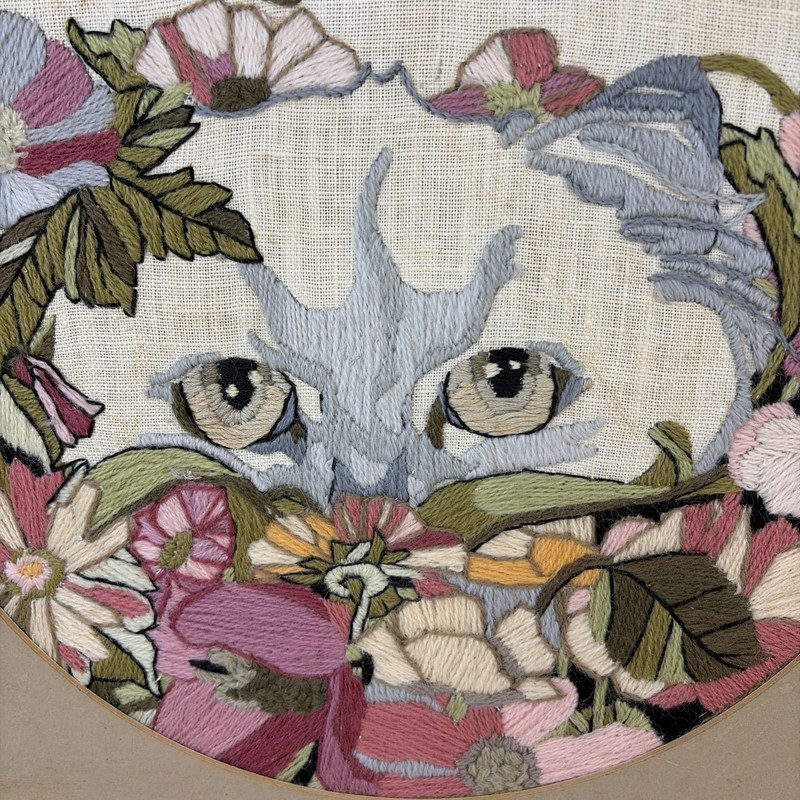 1980s Framed Embroidery Art Cat Flowers Mauve Framed Cottage granny core gallery