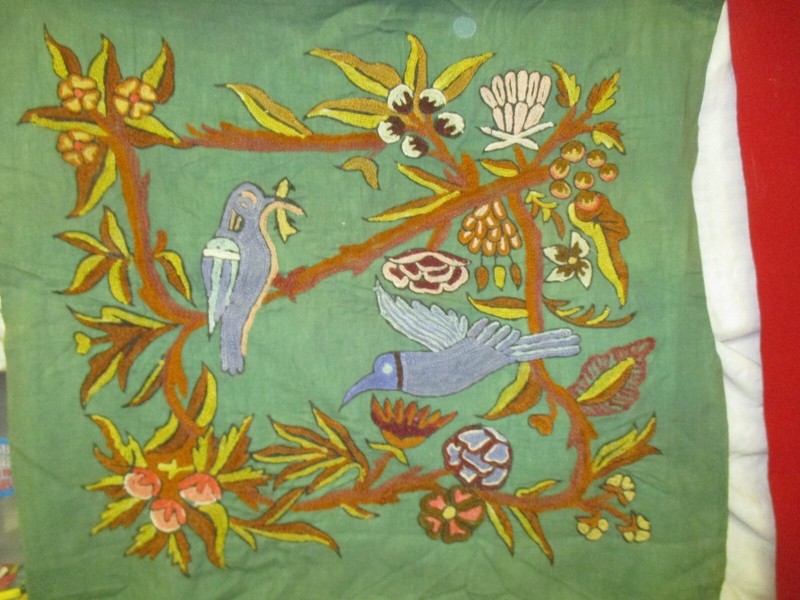 Vintage Needlepoint Picture on green linen 2 Birds with Worm Jacobean Flowers