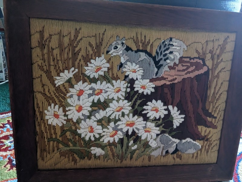 Vintage Yarn Crewel Art Squirrel/ Tree/Daisies Framed 70s/80s~ 16"x12" VGUC gallery
