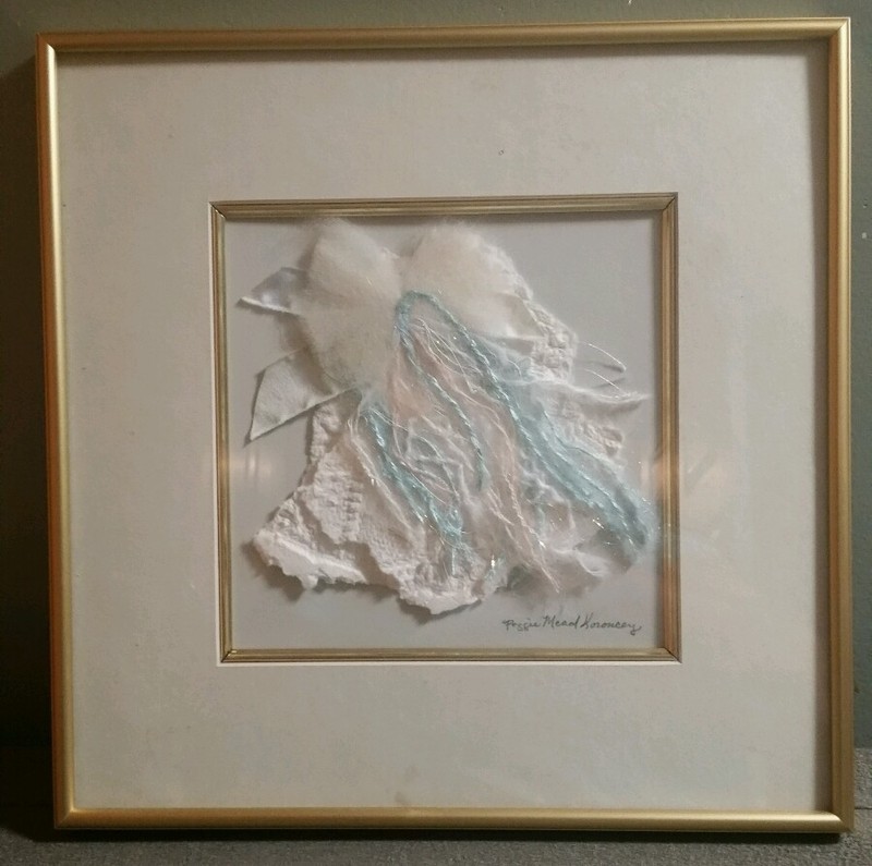 PEGGIE MEAD KORONCEY FRAMED ART WORK IN BLUE PINK & WHITE