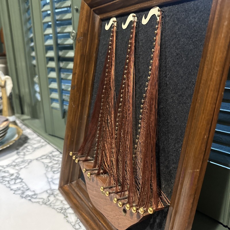 Vintage Wood Sailboat String & Nail 3 D Art Framed Black Velvet Copper 11x14 gallery