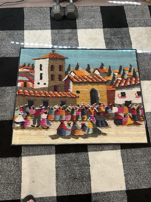 Vtg needle work Handmade Peruvian Wall Art framed – 1990s 38.5 x 30.5