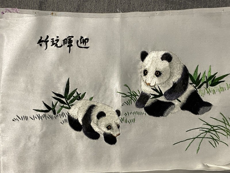 Satin floss on silk pandas hand embroidered finished piece