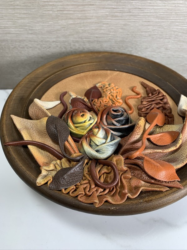 Tooled Leather Flowers Sculpture Art Wooden Wall Plate Vintage 9” Diameter gallery