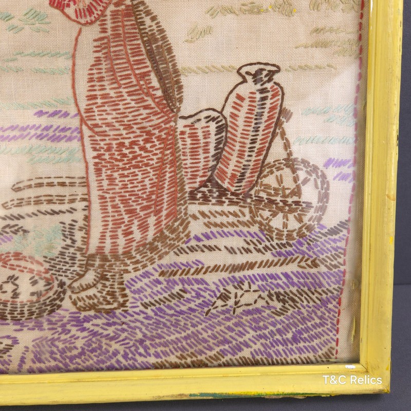 Vintage Hand Embroidered Folk Art Framed Textile Scene Man & Woman Rural Country gallery