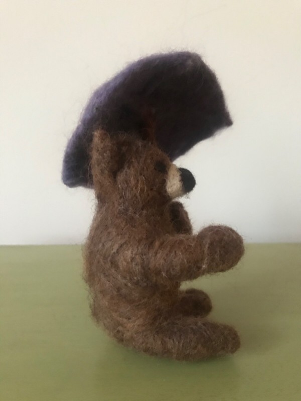 Needle Felted Brown Bear with Umbrella Sculpture - Handmade OOAK - 14cm tall gallery
