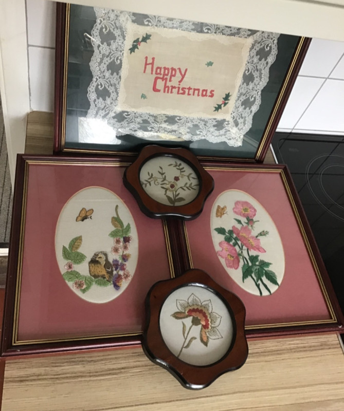 Vintage Mixed framed Embroidered Tapestry Homemade Art Bundle