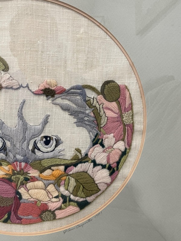 1981 Signed JoAnn Jo Ann Carpenter Framed Embroidery Textile Art Cat in Flowers gallery