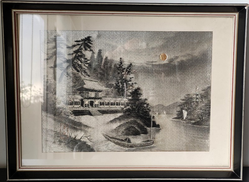Rare Vintage Japanese Silk Embroidery Framed Textile Art, 50cm X 37cm gallery