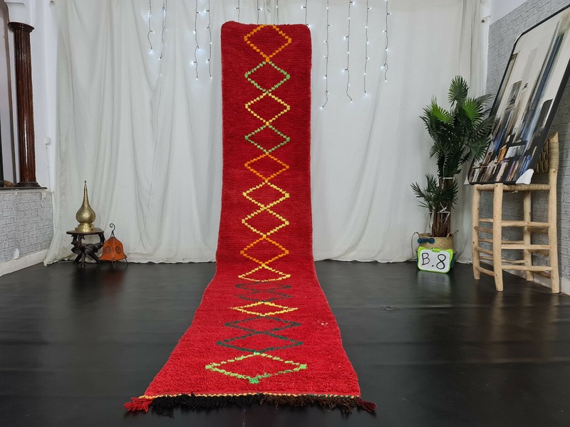 Handmade Moroccan Vintage Runner Rug 2.5×12.7ft Red Geometric Berber Cotton Rug