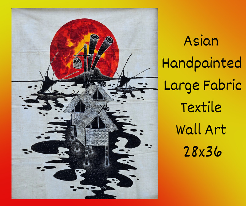 Asian Handpainted Large Fabric Textile Wall Artist Signed-28×36
