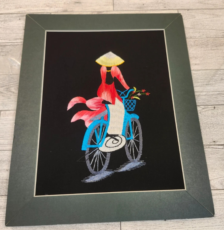 Asian Lady on Bicycle Silk Embroidery Textile Art Framed Floral Hat Gift Decor