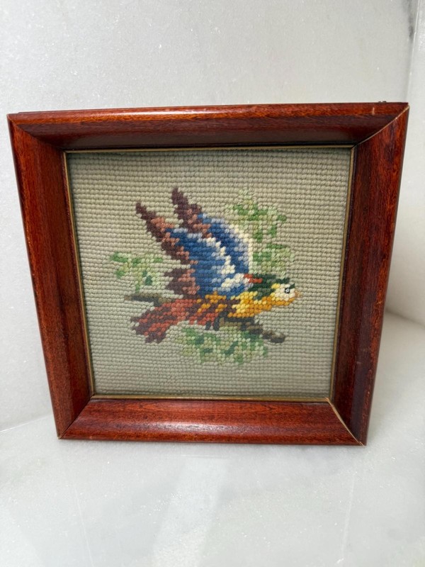 Vintage needlepoint cross stitch bird embroidery framed under glass