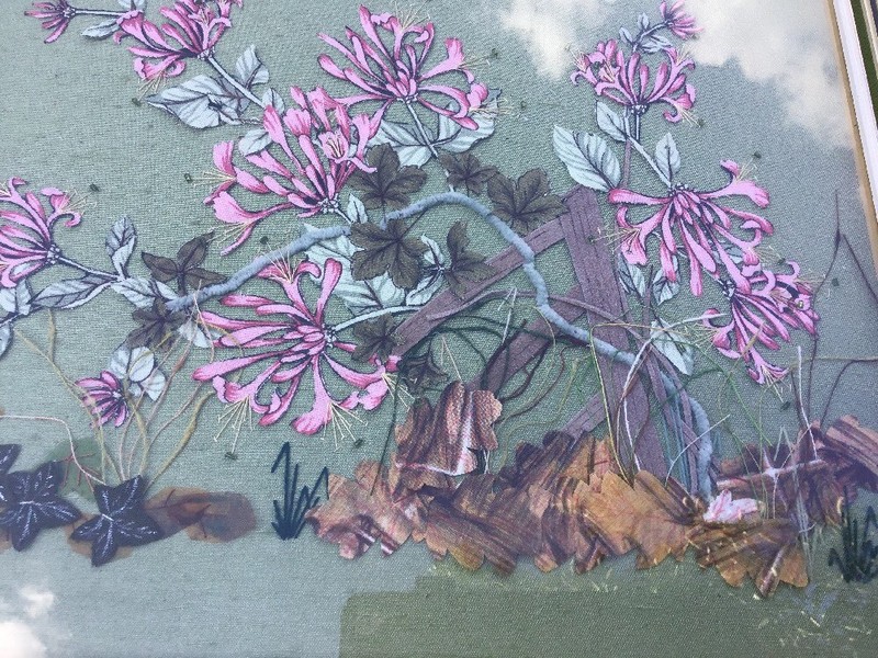 Beautiful F/G Applique “Honeysuckle & Ivy on Fence” Jean Hulett 46.5cm X 38.5cm gallery