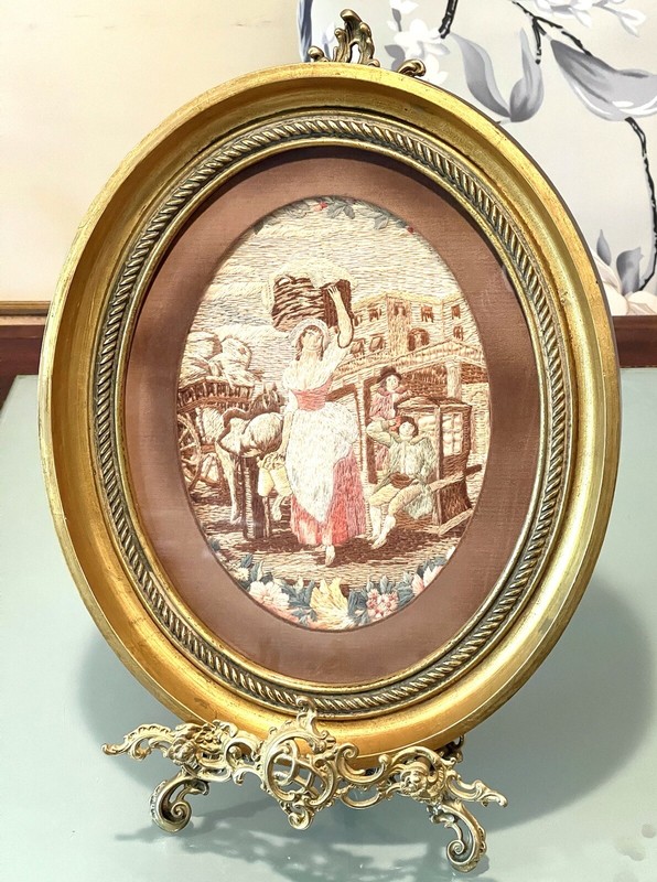 Vintage Antique Victorian Needle Point Genre Scene Embroidery Artwork Gilt Frame