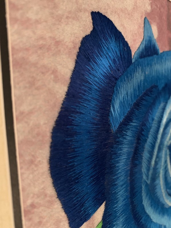 King's Silk Chinese Handmade Silk Embroidery Art 11-3/4" x 11-3/4" Blue Rose gallery
