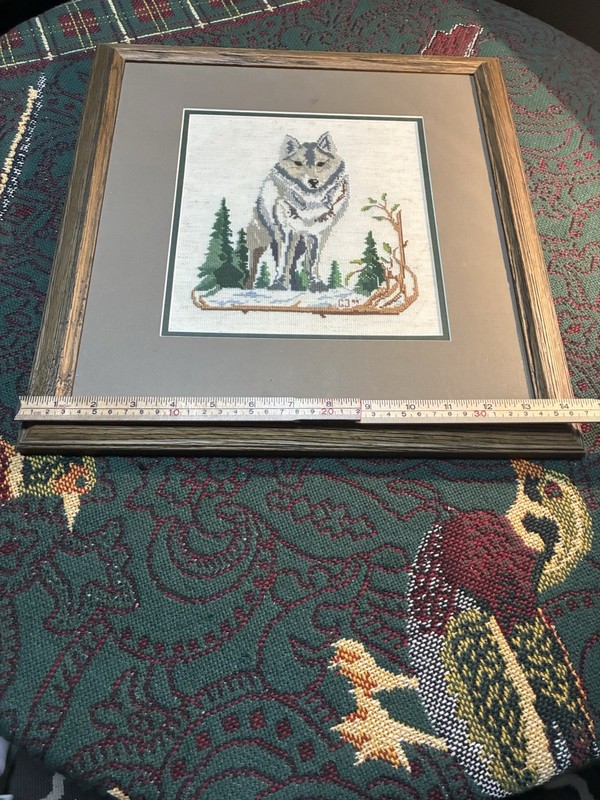 Vintage 1990s Framed Wolf Art Needle Point Cross Stitch gallery