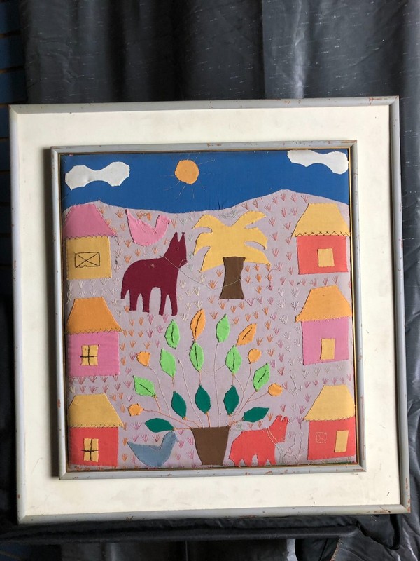 Vintage Arpillera Patchwork Framed Folk Art «Horses»