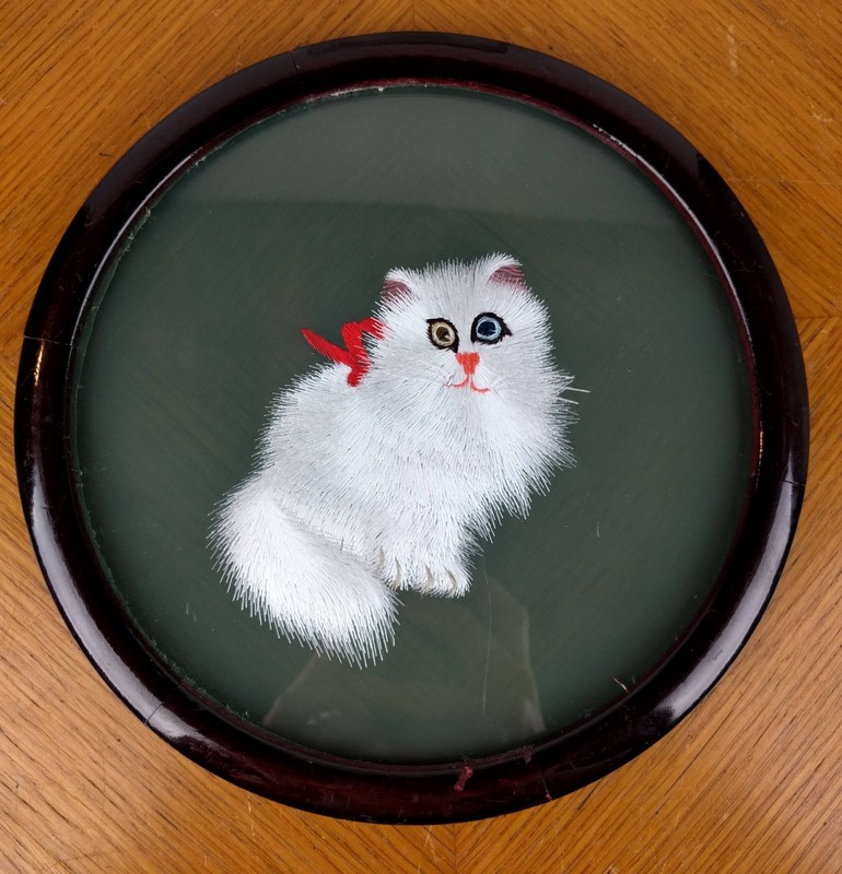 Double Sided Silk Embroidery White Cat Picture 8" Handmade Chinese Art Gift gallery