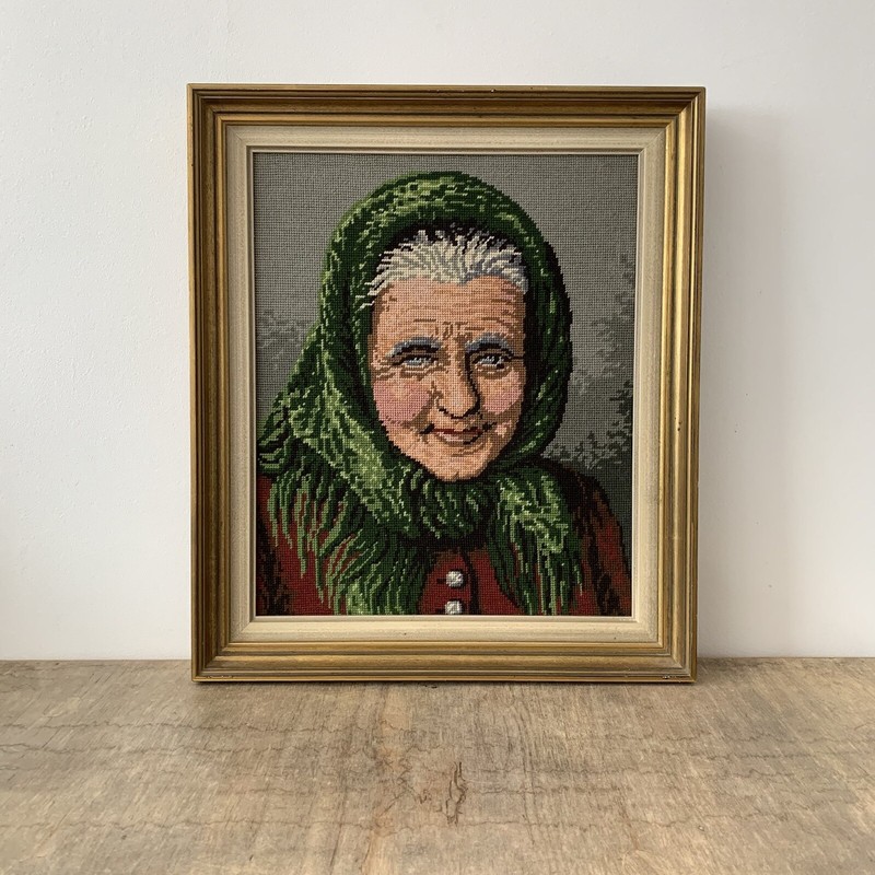 Vintage Female Portrait Needlepoint Tapestry Large Wall Art Framed German