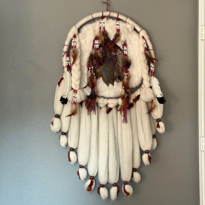 Vtg Signed Navajo Mandala Wall Hanging – Large Feather Shield 25×50”