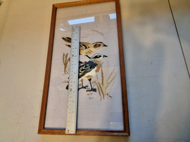 Vintage Embroidery Birds Art Picture on Textile Framed 15.5x8.5 c1970s Used gallery