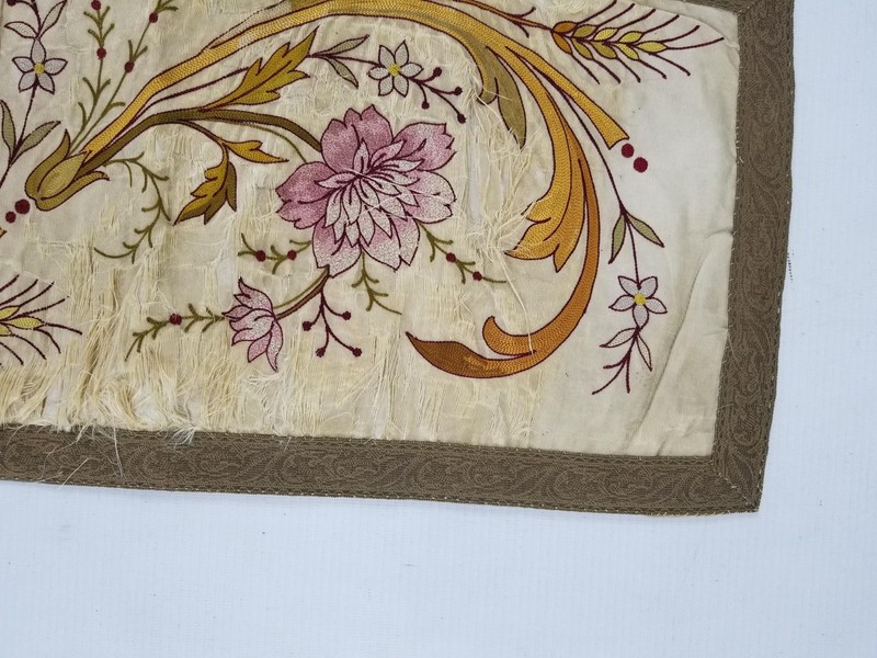 Antique French Hand Embroidered Floral Panel with Metallic Lace 118x26cm gallery