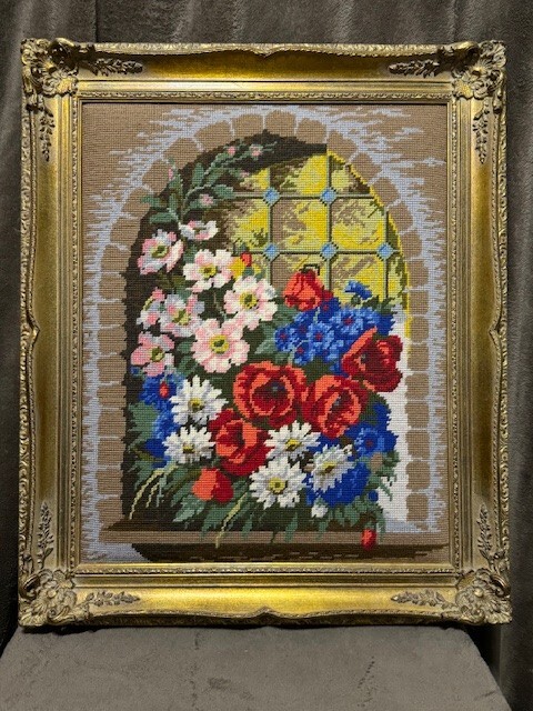 Vintage Embroidery Floral Wall Decor in Frame with Embroidered Flowers Wall Art