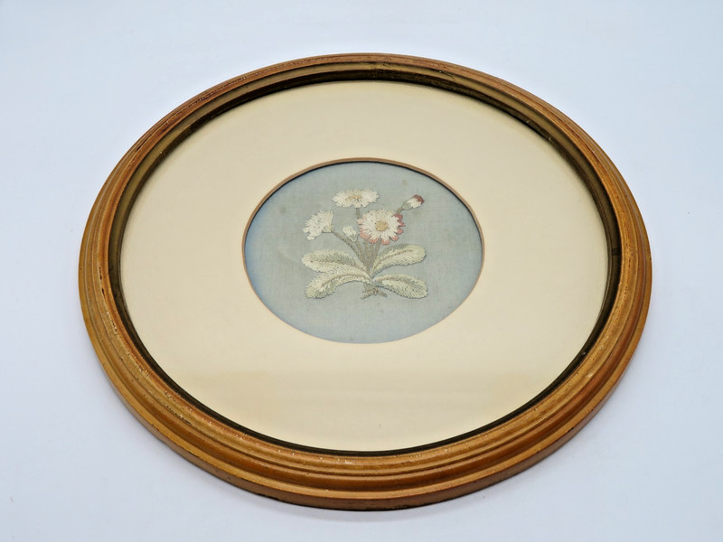 Vintage Hand Embroidered 3 flowers 2 buds on blue Silk Matted in 10.5″ dia frame