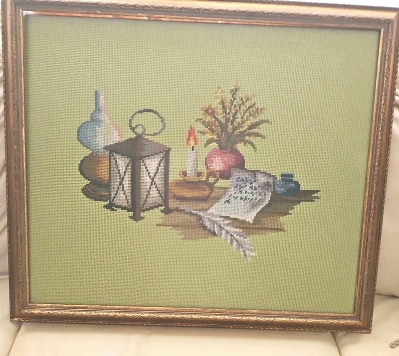 Professional Framed Complete VTG Crewel Table Scape Art Embroidery Needlework