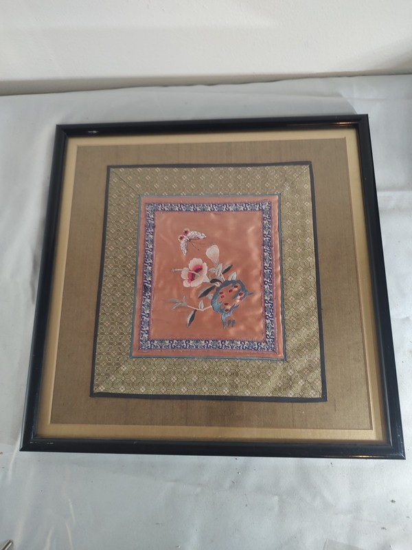Framed Silk Embroidery Floral with Butterfly Garden Scene in a 16" X 16" gallery