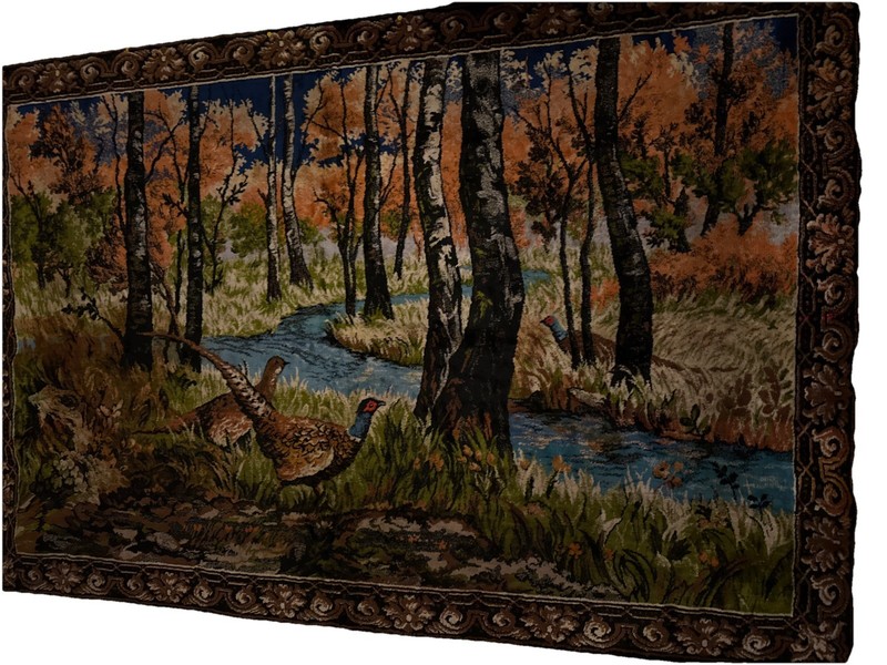 Vintage Italian Pheasant Forest Scene Tapestry Wall Hanging 49×72 Made in Italy