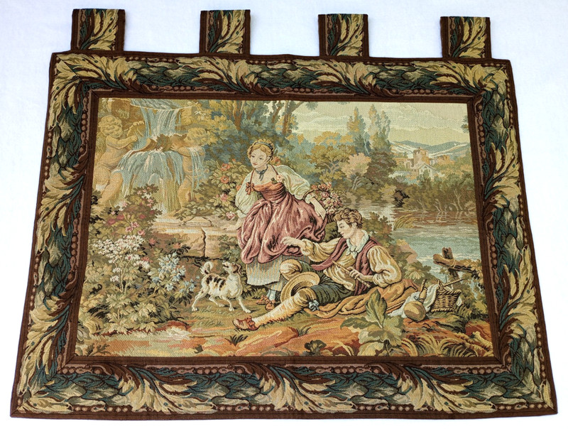 Italian Tapestry Romantic Wall Hanging Outdoor Scene Man Woman Cherub Dog Castle