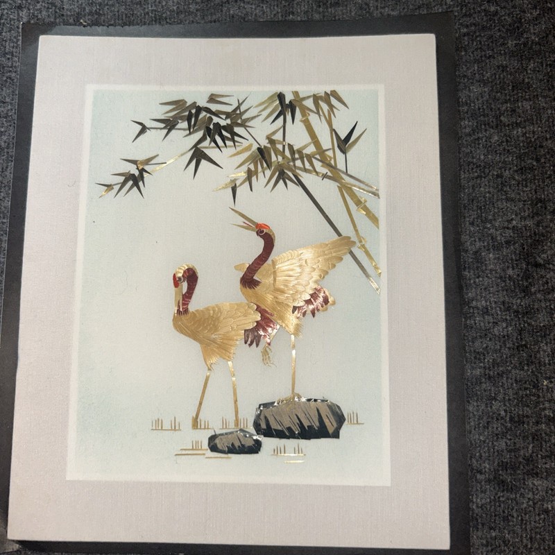 Vintage Asian Hand Cut Painted Wheat Stalk on Silk Peacock & Red Bird 9″ X 11″