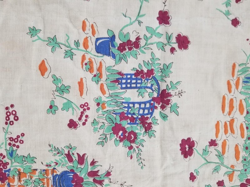 Antique European Printed Cottage Garden Scene Textile 73x47inch gallery