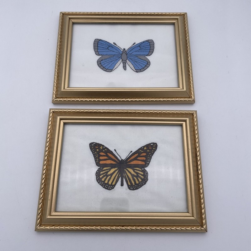 Pair of Framed Hand Embroidered Butterflies – Cottagecore Monarch / Holly Blue