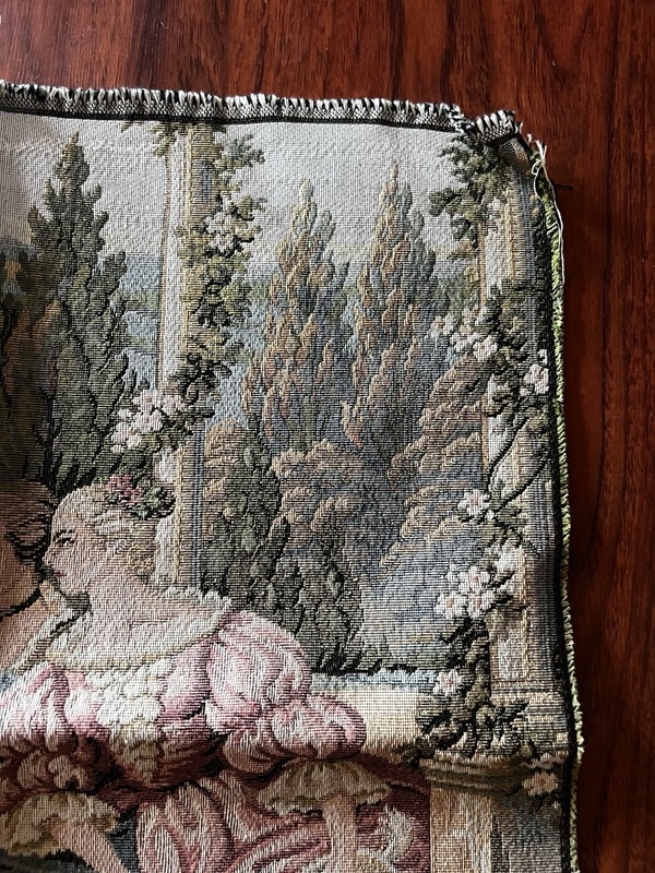 Vintage Italian Tapestry Square Man & Seated Ladies w/ Dog Classic Scene 19” gallery