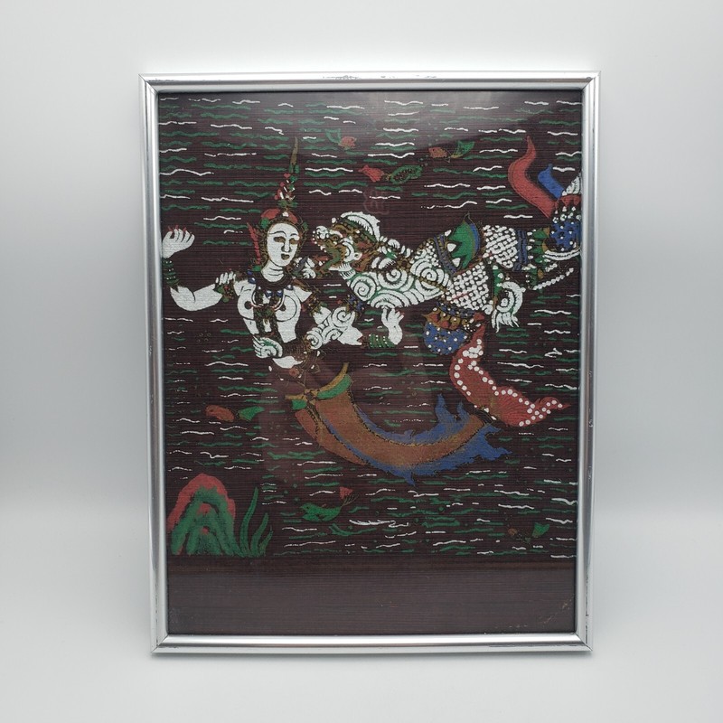 Framed Vintage Thai Silk (?) Fabric Art of Goddess