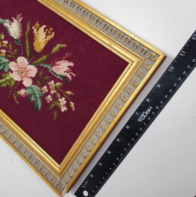 Needlepoint Flowers Framed Vintage Chair Seat Cover Hollywood Regency gallery
