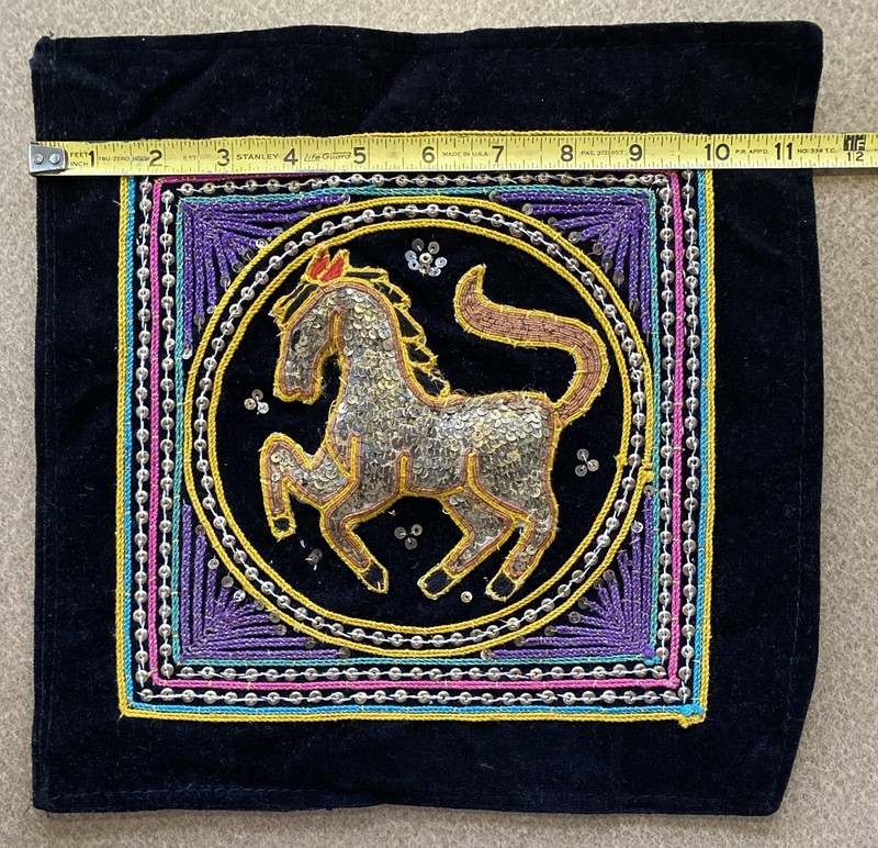 VTG Burmese Kalaga Hand Embroidered Tapestry Horse Sequin Asian Art 11.5” Square gallery