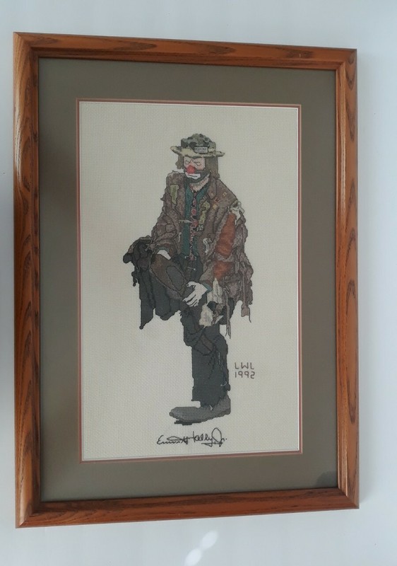 Vintage 1992 Emmett Kelly Jr Sad Circus Hobo Clown Cross Stitch Framed Antique gallery