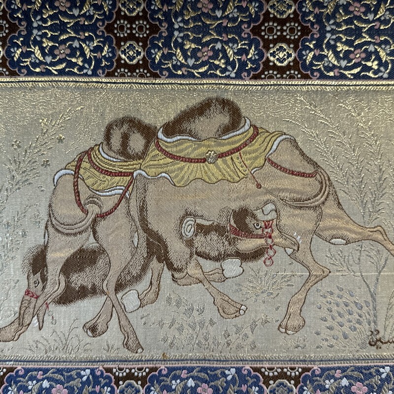 Signed Vintage Silk “Two Camels Fighting “ Persian Tapestry Needle Point Indian gallery