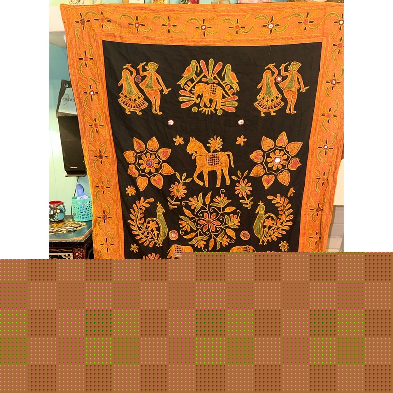 VINTAGE INDIAN FOLK ART MIRROR TAPESTRY EMBROIDERED BANJARA KANTHA WALL HANGING