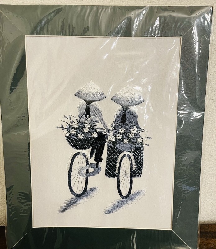 Vietnam Silk Handmade Embroidered Women on Bikes 11 3/4” X 9 1/2”Matted Picture
