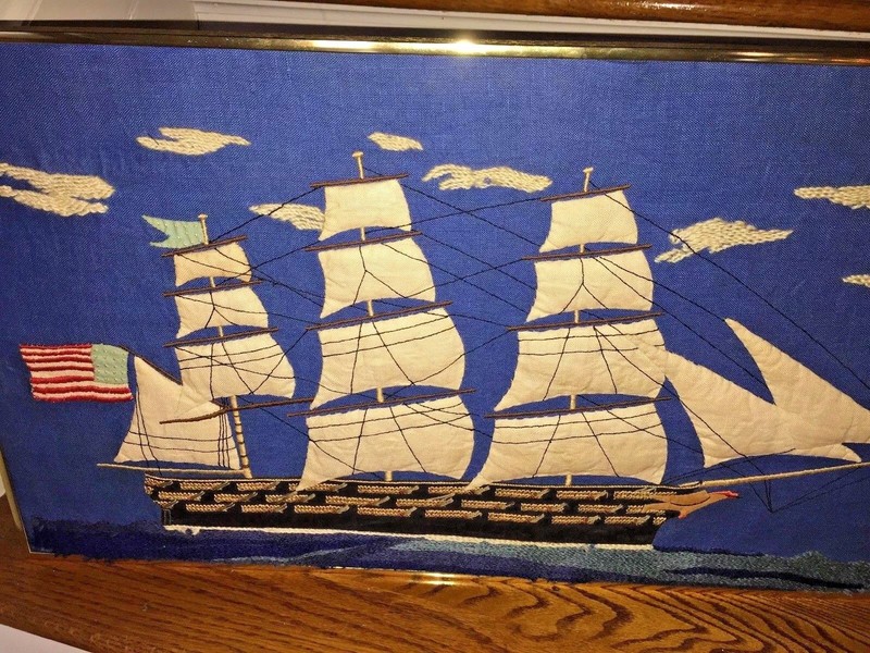 UNIQUE One of Kind Framed Art HandSewn NAUTICAL SAIL BOAT SHIP American Flag USA