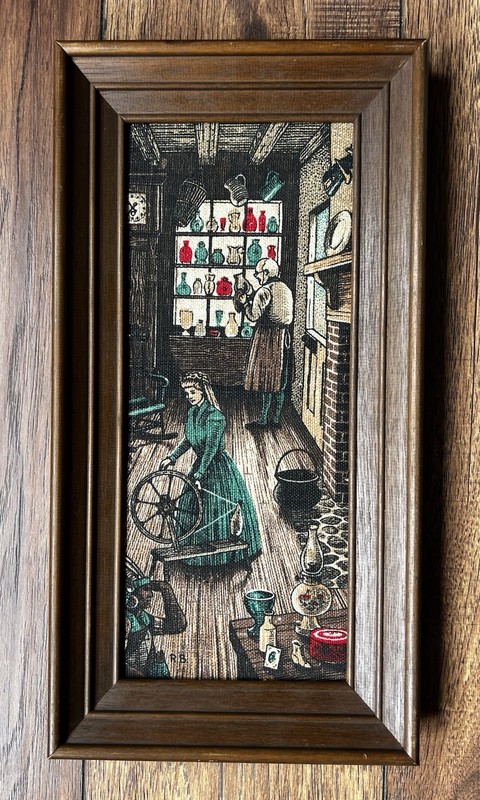 Vintage Kay Dee Framed Linen Fabric Print Colonial STORE ~Hope Valley RI