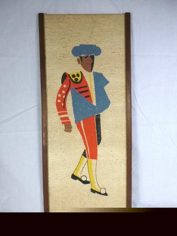 Vtg Mid Century Screen Print Madator on Linen Wall Art 12.5 x 28.5″ COLORFUL!!